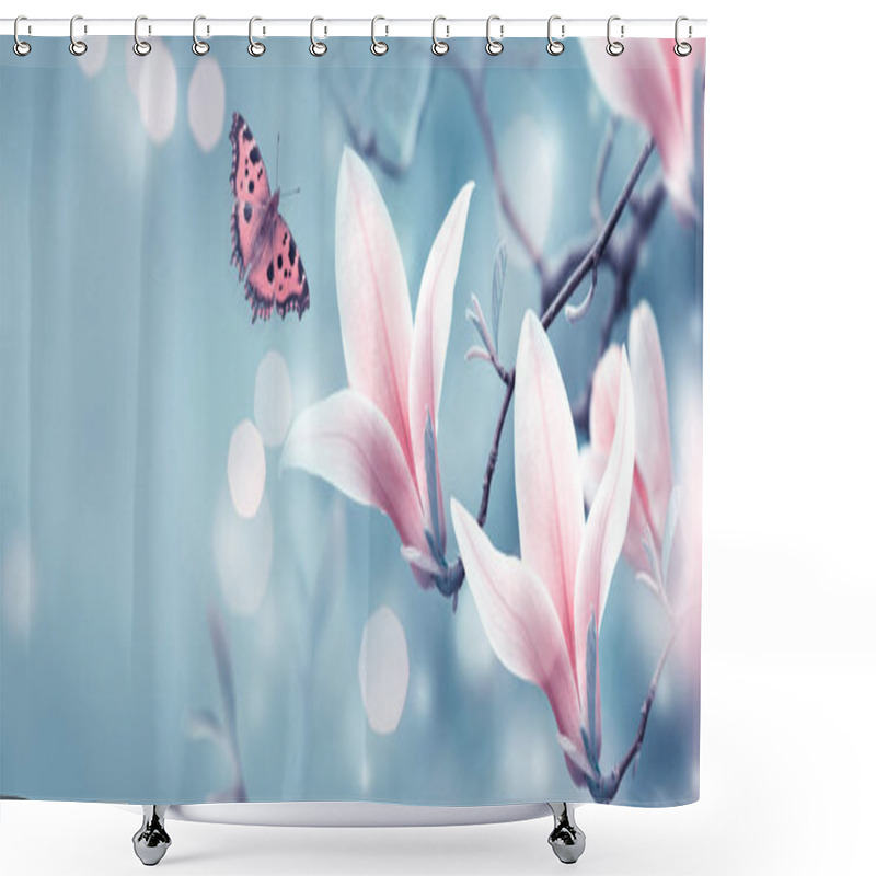 Personality  Mysterious Spring Background With Pink Magnolia Flowers Shower Curtains