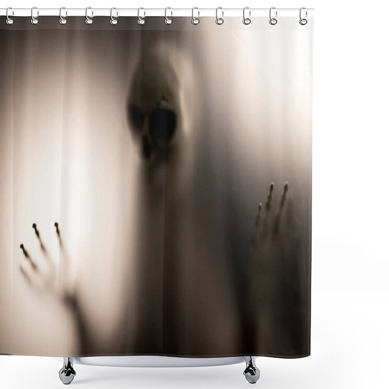 Personality  Horror Skeleton Or Grim Reaper Behind The Matte Glass. Halloween Festival Concept.Blurred Picture Shower Curtains