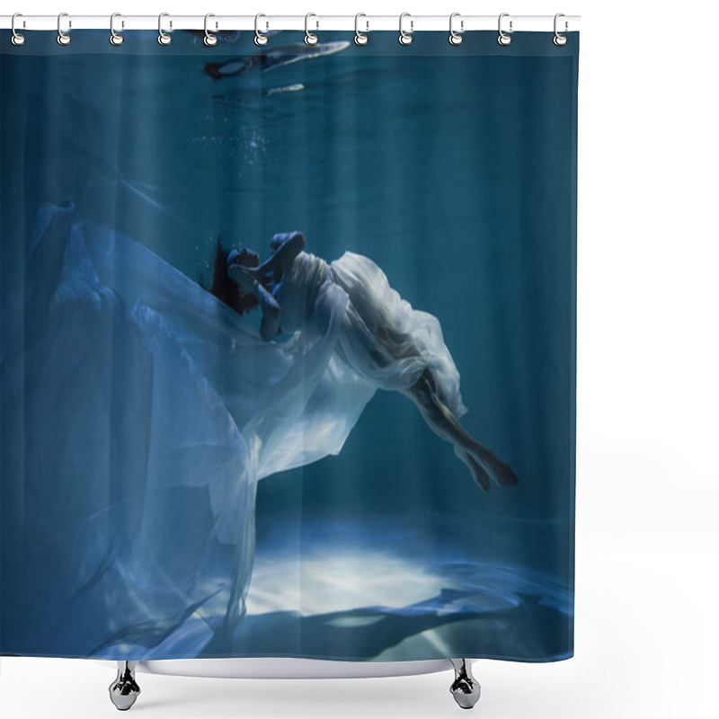 Personality  Lighting On Peaceful Young Woman In White Elegant Dress Sleeping While Swimming In Pool  Shower Curtains