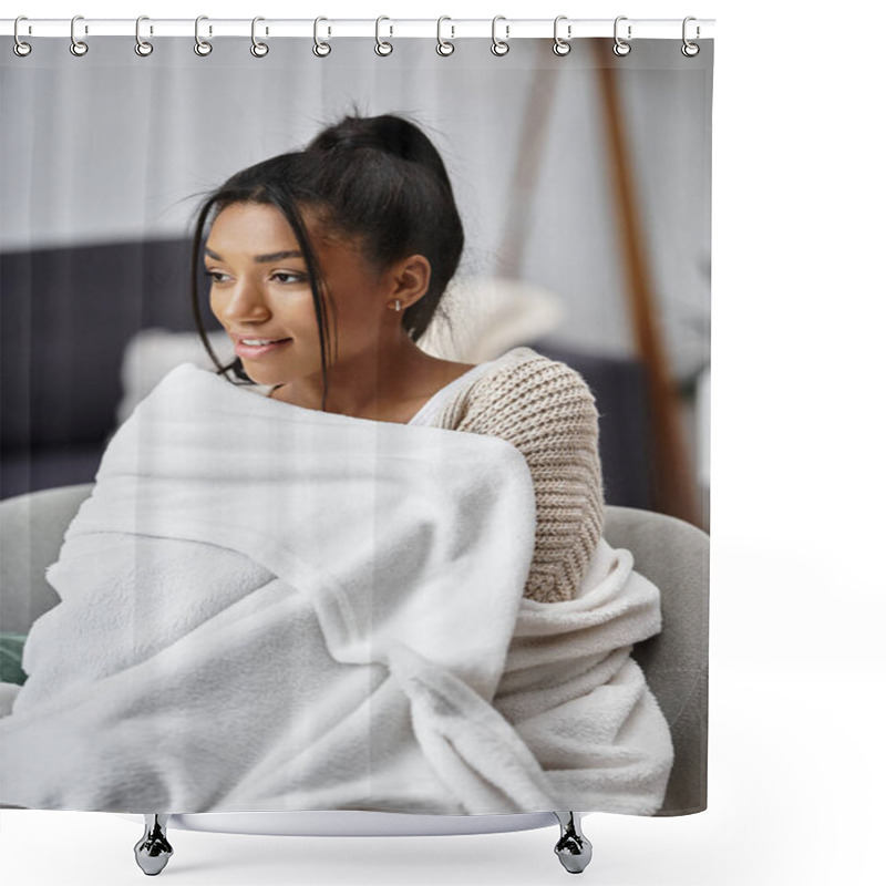 Personality  A Beautiful Young Woman Studies Intently From Her Home Dressed Comfortably In A Warm Blanket. Shower Curtains