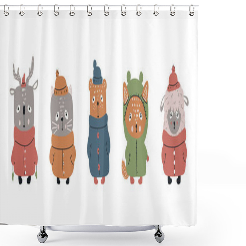 Personality  Collection Of Cute Cartoon Character Illustrations For Christmas And New Years Celebration. Fox, Bear, Cat, Lamb, Deer. Winter Forest Animals In Winter Clothes And Hat. Vector Set. Shower Curtains