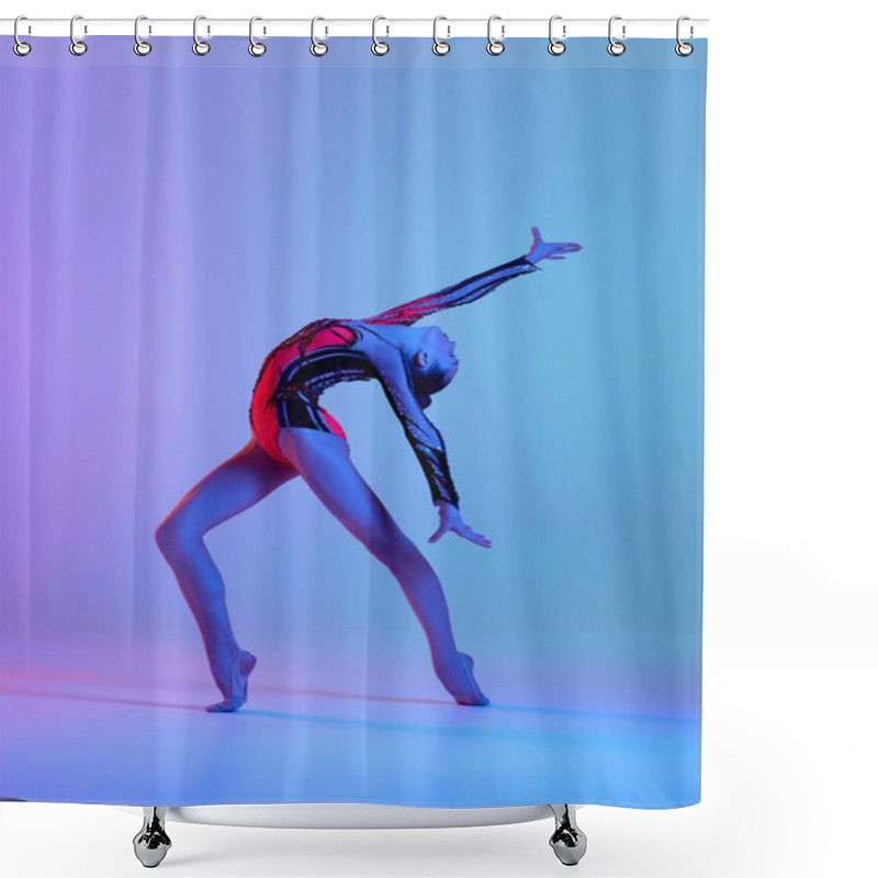 Personality  Talented, Artistic Teen Girl In Bright Costume, Rhythmic Gymnast Dancing Against Gradient Studio Background In Neon Light. Concept Of Sport, Beauty And Grace, Competition, Art, Youth, Hobby Shower Curtains