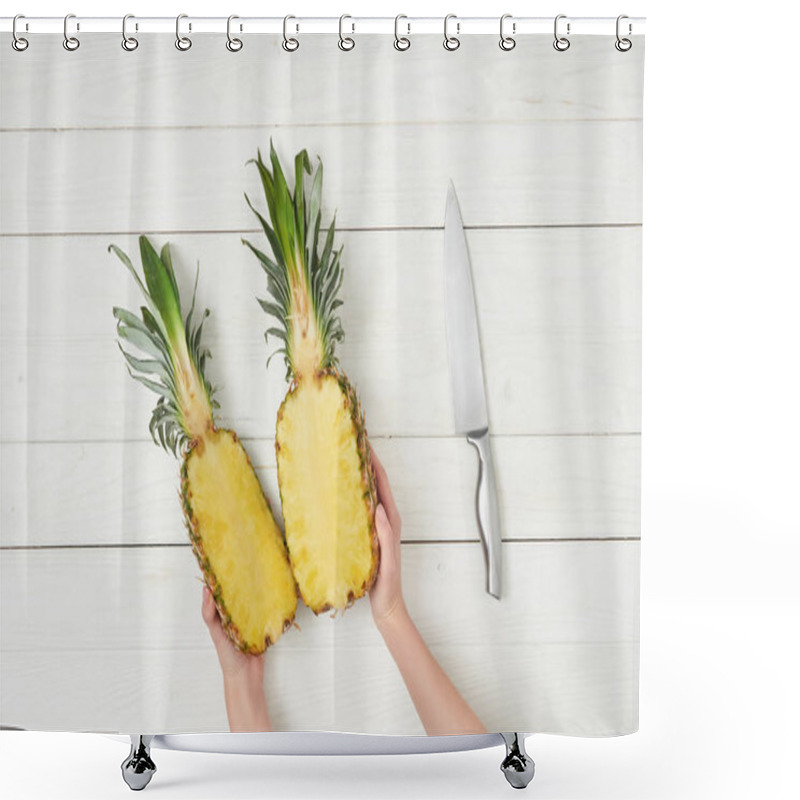 Personality  Cropped View Of Female Hands Holding Pineapple Halves Near Knife  Shower Curtains