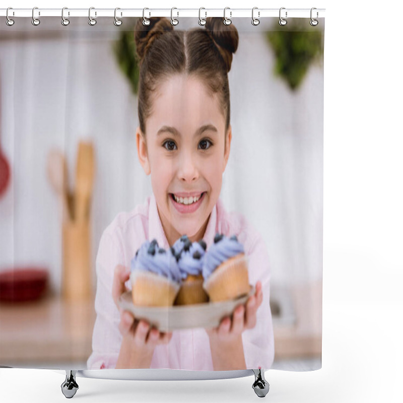 Personality  Adorable Little Child Holding Plate With Blueberry Cupcakes Shower Curtains