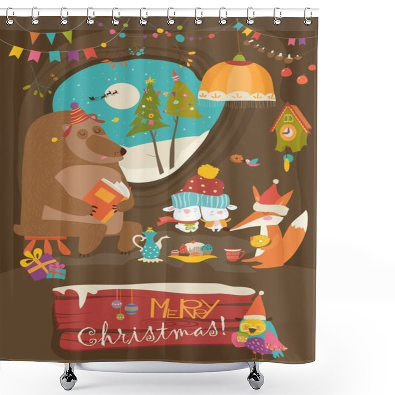 Personality  Cute Animals Celebrating Christmas In Den Shower Curtains