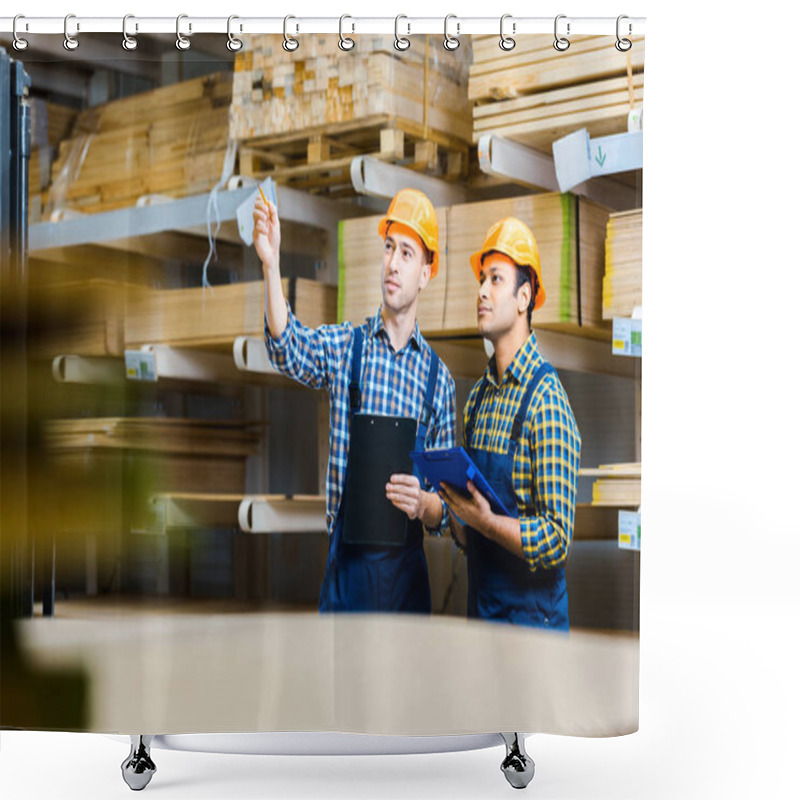 Personality  Selective Focus Of Two Multicultural Storehouse Workers With Clipboards Standing In Warehouse Shower Curtains