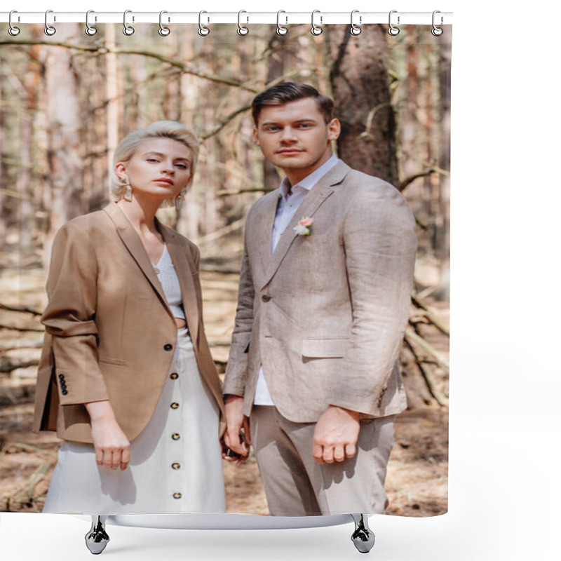 Personality  Stylish Bride And Bridegroom In Beige Clothing Posing In Forest Shower Curtains