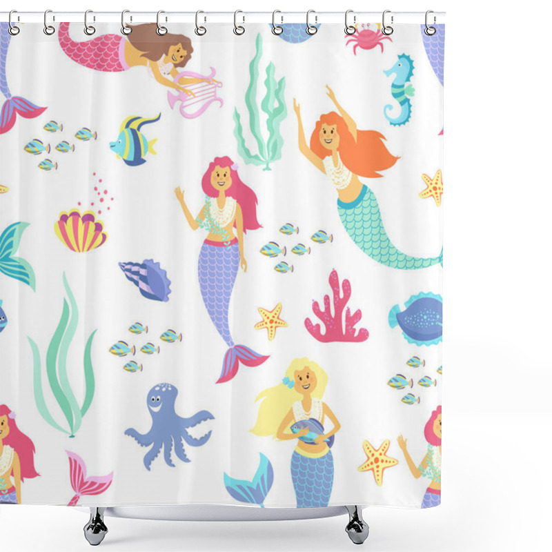 Personality  Cartoon Mermaid Seamless Pattern On Transparent Background. Vector Illustration Shower Curtains