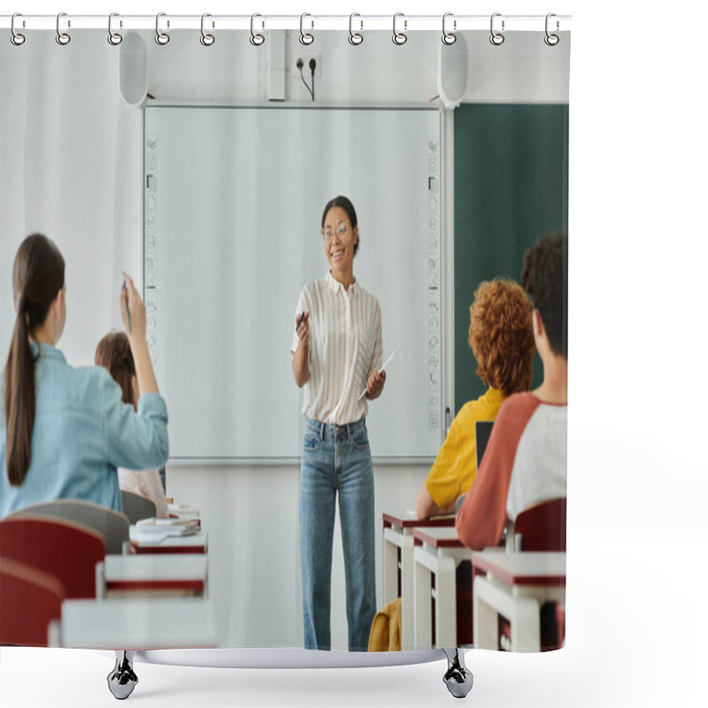 Personality  Smiling African American Teacher With Digital Tablet Talking To Pupils During Lesson In Class Shower Curtains