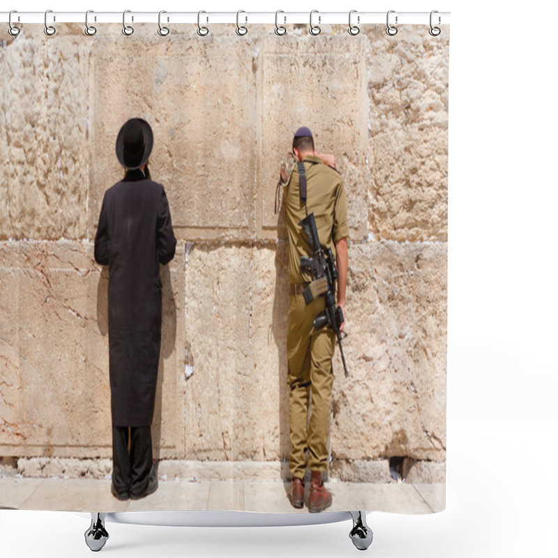 Personality  Soldier And Orthodox Jewish Man Pray At The Western Wall, Jerusalem Shower Curtains