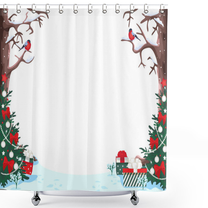 Personality  Merry Christmas Festive Frame. The Tree Is Decorated With Balls And Garlands And Is Presented Against The Backdrop Of A Winter Landscape. Vector Horizontal Illustration For Poster, Postcard Or Flyer Shower Curtains