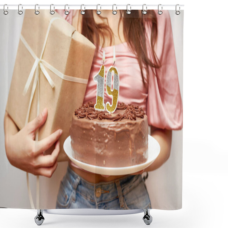 Personality  The Girl Is Holding A Festive Cake With A Candle In The Form Of The Number 19 And A Gift. Birthday Celebration Concept. Shower Curtains