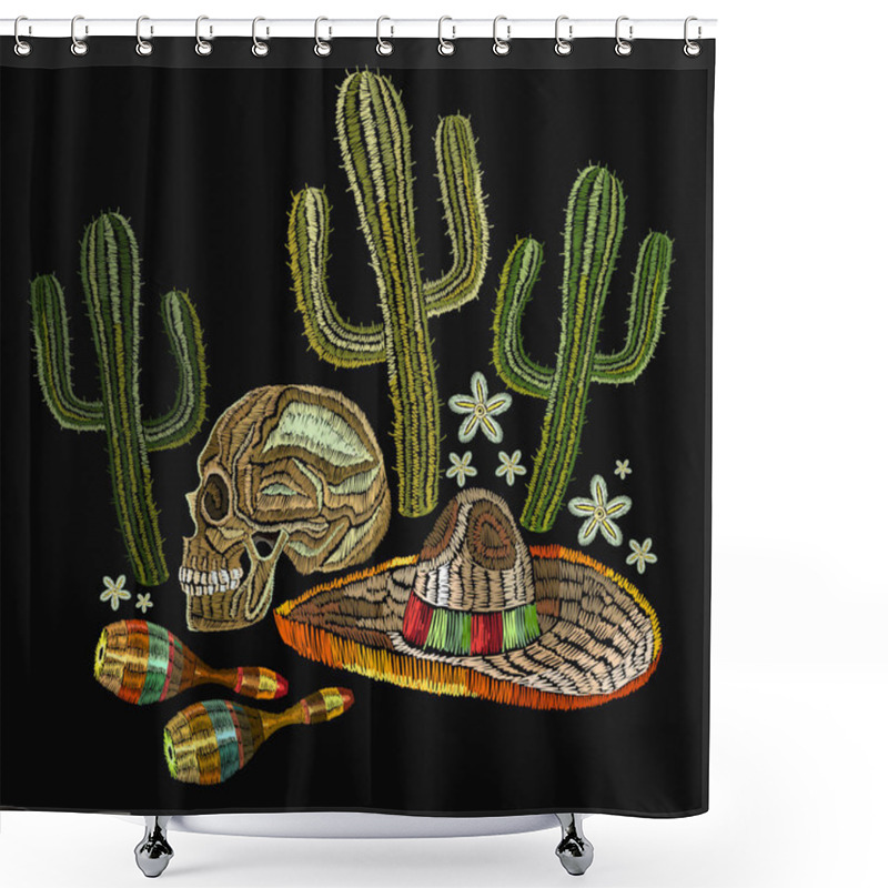 Personality  Embroidery Mexican Culture. Human Skull, Sombrero, Maracases Shower Curtains