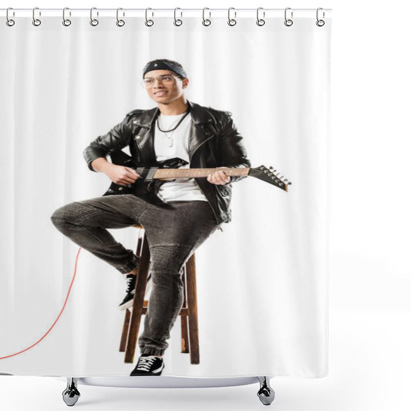 Personality  Smiling Male Rock Musician In Leather Jacket Playing On Electric Guitar While Sitting On Chair Isolated On White Shower Curtains