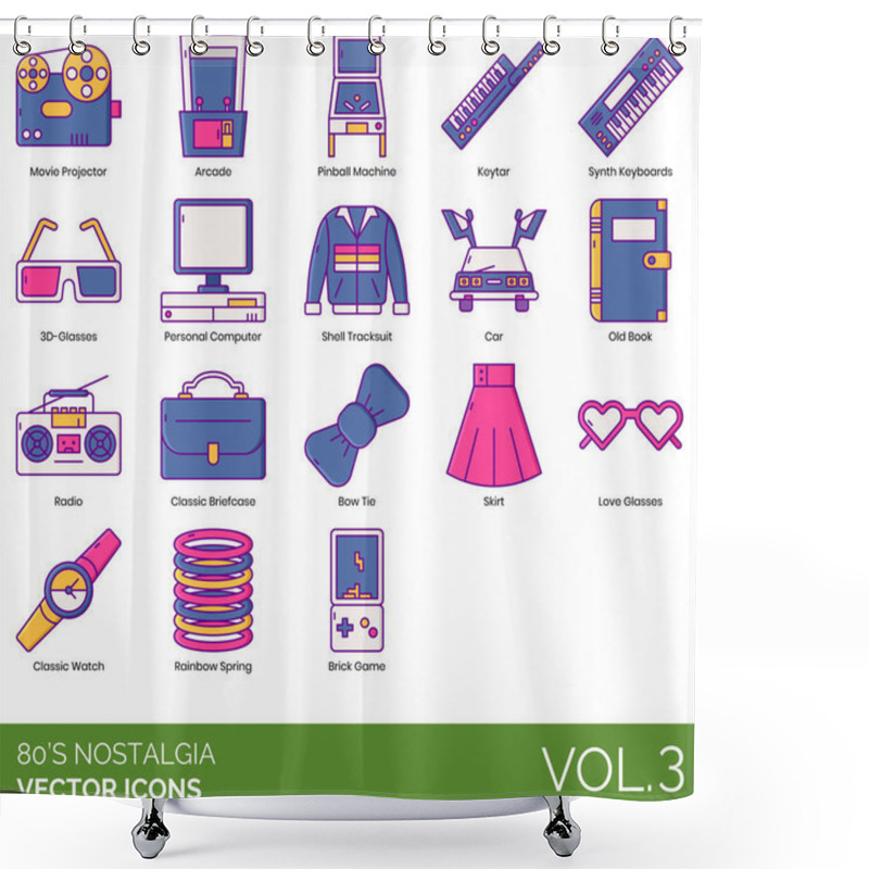 Personality  Eighties Nostalgia Icons Including Movie Projector, Arcade, Pinball Machine, Keytar, Synth Keyboard, 3D, Personal Computer, Shell Tracksuit, Car, Old Book, Radio, Classic Briefcase, Bow Tie, Skirt, Love Glasses, Watch, Rainbow Spring, Brick Game. Shower Curtains