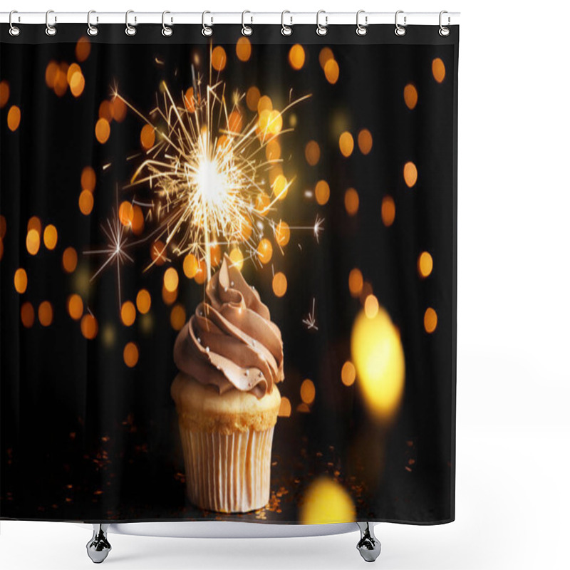 Personality  Beautiful Birthday Cupcake With Sparkler On Black Table Against  Shower Curtains