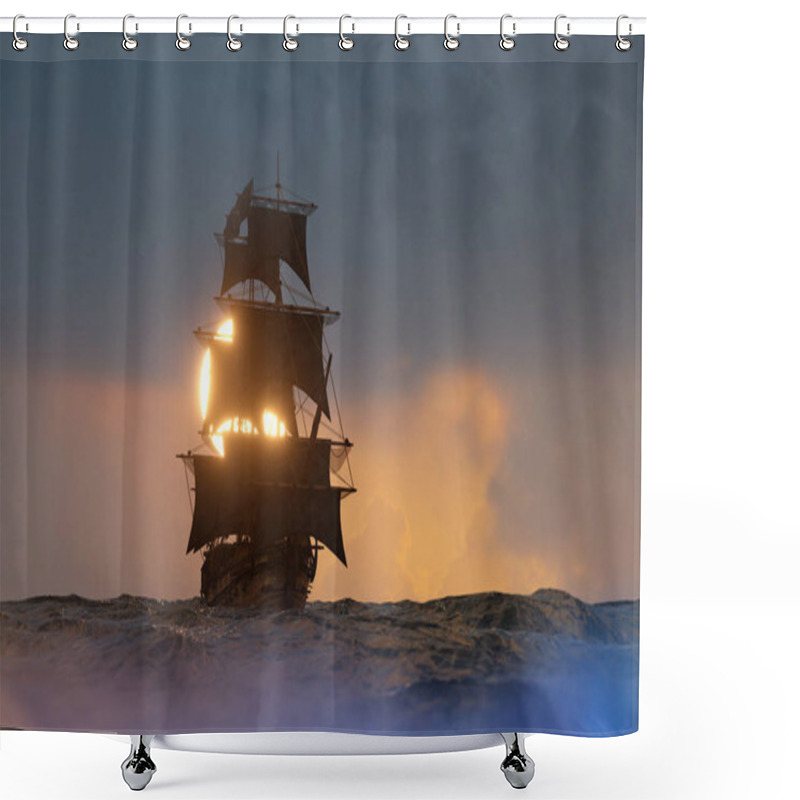 Personality  Pirate Ship Sailing On The Sea, 3D Render Shower Curtains