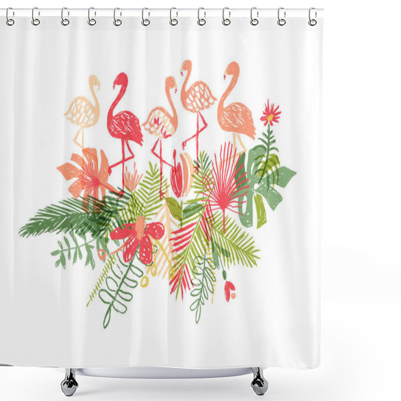 Personality  Lets Flamingle, Hand Drawn Exotic Plant And Bird Shower Curtains