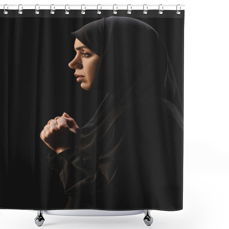 Personality  Side View Of Muslim Refugee In Hijab Looking Away Isolated On Black  Shower Curtains