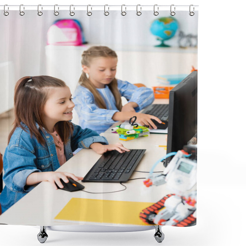 Personality  Selective Focus Of Schoolgirls Using Computers Near Robots In Stem School  Shower Curtains