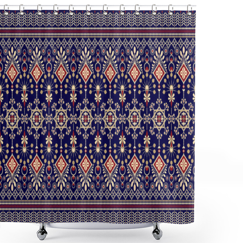 Personality  Beautiful Figure Tribal Indian Geometric Ethnic Oriental Pattern Traditional On Blue Background.Aztec Style Embroidery Abstract Vector Illustration.design For Texture,fabric,clothing,wrapping,carpet. Shower Curtains