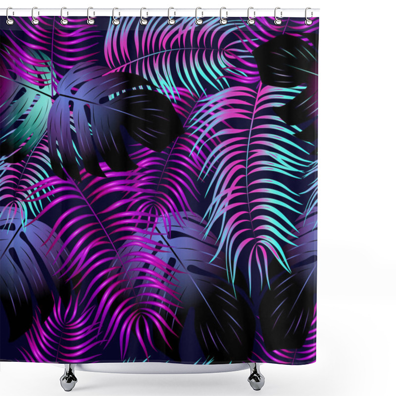 Personality  Neon Tropical Background With Palm Leaves .Summer Night Vector Illustration. Shower Curtains