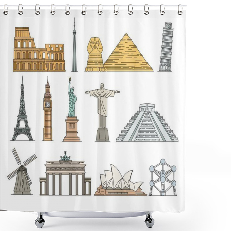 Personality  World Famous Landmarks Icons Set Of Sketch Vector Illustrations Isolated. Shower Curtains