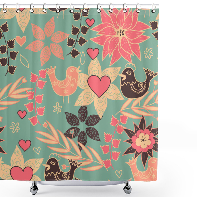 Personality  Vector Seamless Flower Background With Birds Shower Curtains