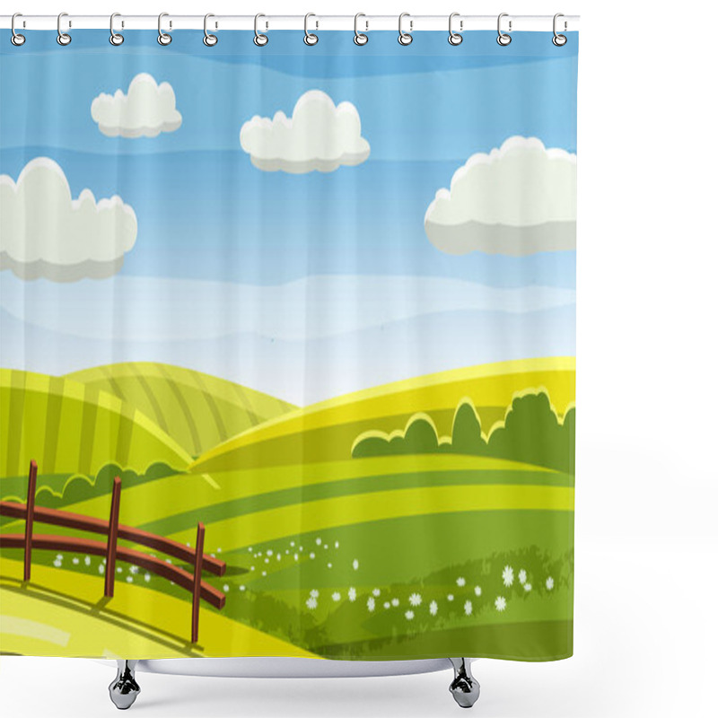 Personality  Felds And Hills Rural Landscape. Cartoon Countryside Valley With Green Hills Trees Flowers Blue Sky And Curly Clouds. Vector Nature Horizon Pasture View Isolated Background Shower Curtains