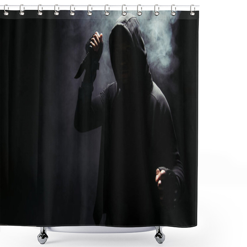 Personality  Silhouette Of African American Bandit In Hoodie Holding Knife On Black Background With Smoke  Shower Curtains