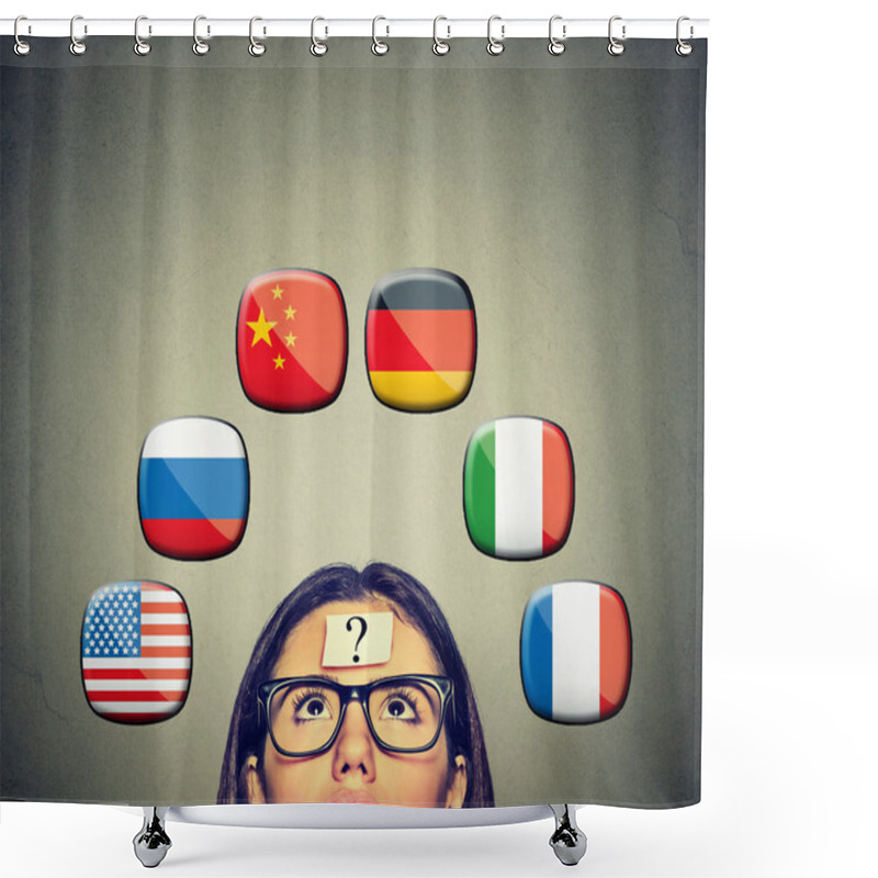 Personality  Woman With Question Mark Icons Of International Flags Above Head Shower Curtains