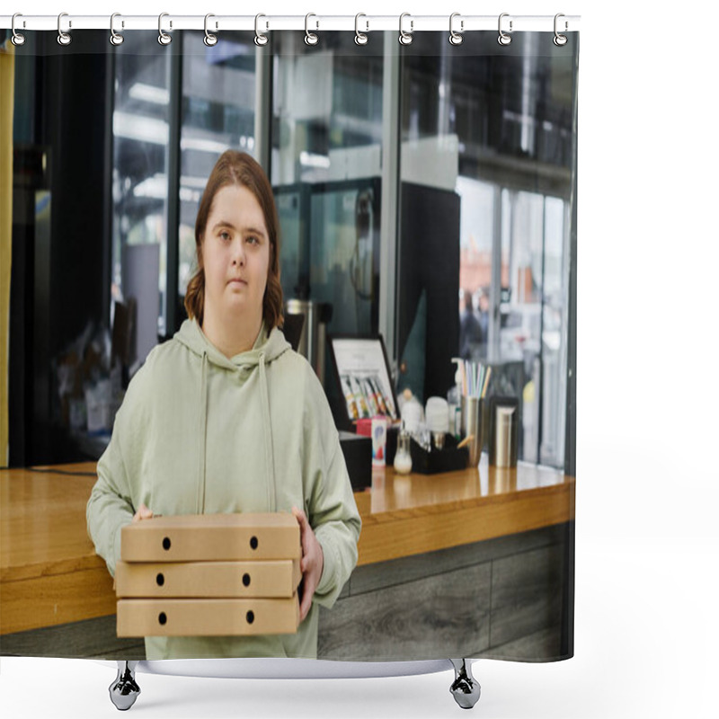 Personality  Young Woman With Mental Disorder Holding Pizza Boxes And Looking At Camera In Modern Cozy Cafe Shower Curtains