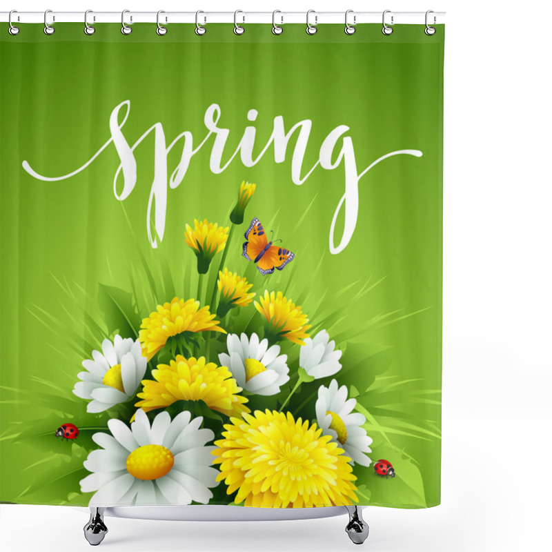 Personality  Fresh Spring Background With Grass, Dandelions And Daisies. Vector Illustration Shower Curtains