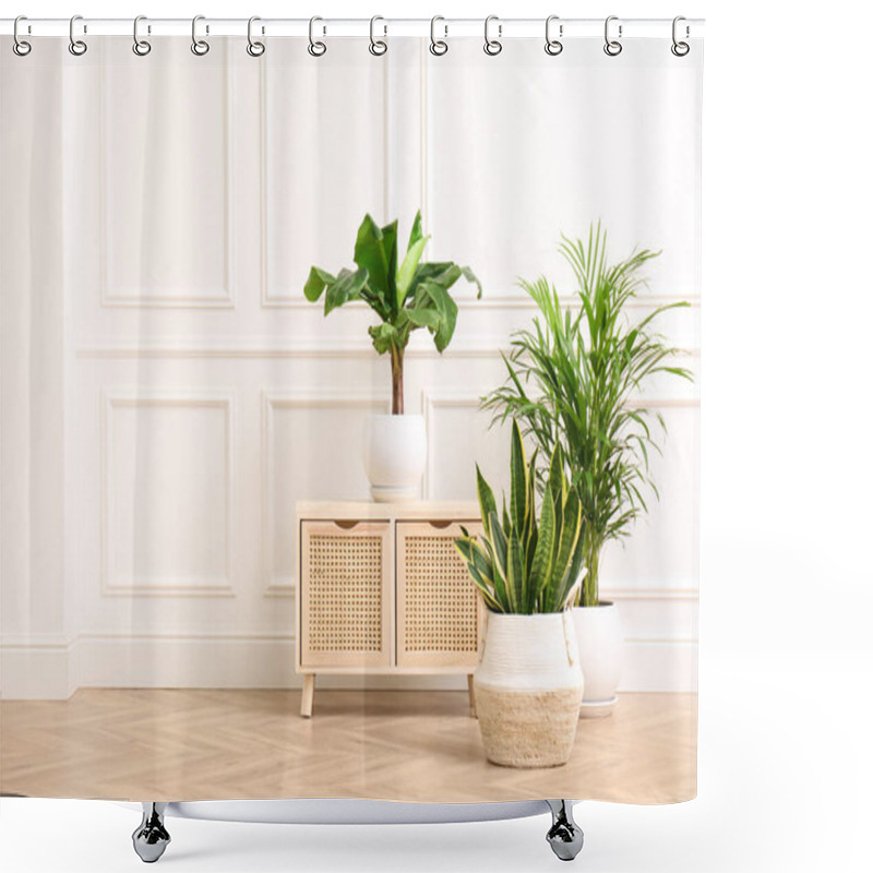 Personality  Different Beautiful Indoor Plants And Wooden Commode Near White Wall In Room. House Decoration Shower Curtains