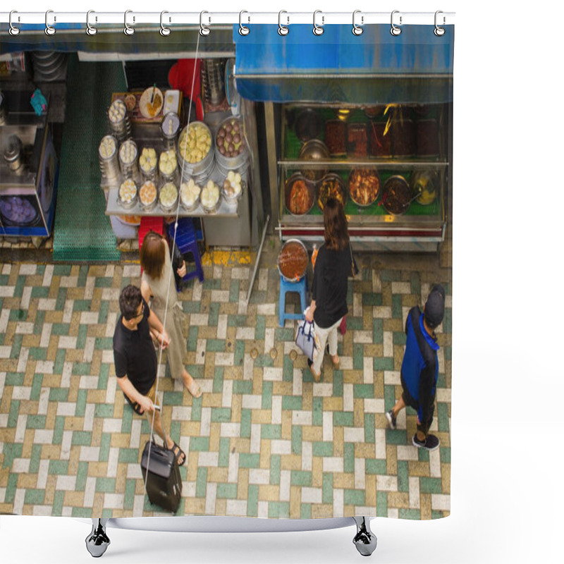 Personality  Traditional Local Market, Stalls With National Food. Street Trading. Warm Summer Day, Cloudy. View From Above. Vignetting. Shower Curtains