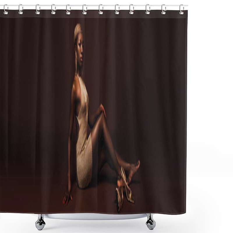 Personality  Seductive African American Woman With Short Hair Posing In Glamorous Dress On Brown Shower Curtains