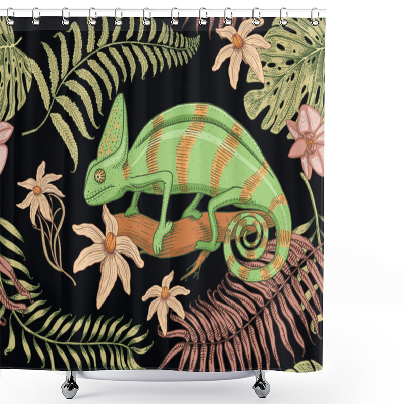 Personality  Chameleon Lizard, Tropical Flowers, Seamless Pattern. American Green Reptile Or Snake, Herbivorous. Vector Illustration For Book Or Pet Store, Zoo. Engraved Hand Drawn In Old Sketch. Shower Curtains