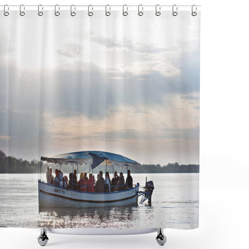 Personality  VILKOVO, UKRAINE - April 2018: Touristic Boat On The Water In Danube Delta, Vilkovo, Ukraine Shower Curtains