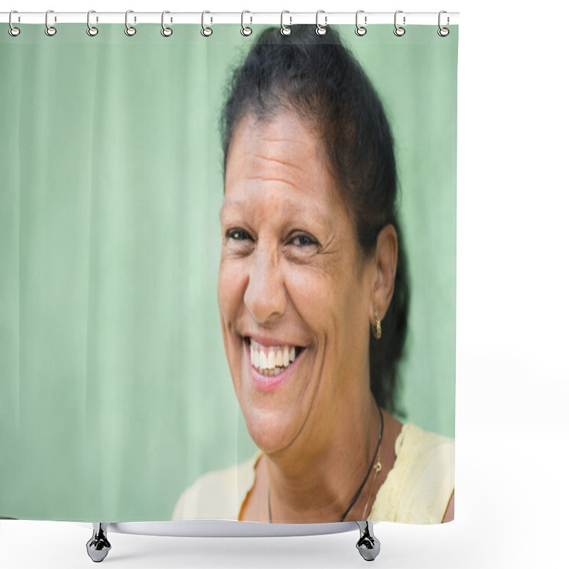 Personality  Portrait Of Happy Old Hispanic Woman Smiling At Camera Shower Curtains