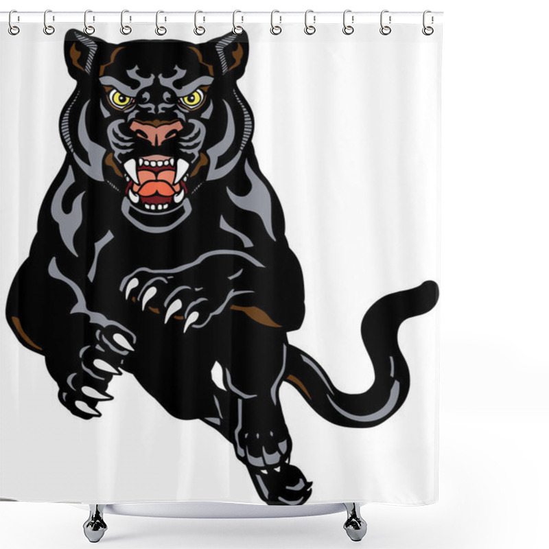 Personality  Panther Jump In The Front View. Angry Roaring Black Leopard. Front View. Isolated Tattoo Style Vector Illustration Shower Curtains