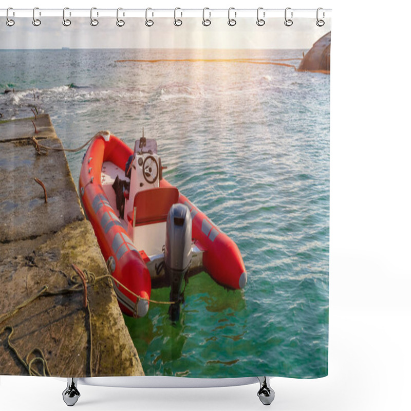 Personality  Red Rescue Inflatable Boat Moored To The Sea Pier, Closeup. Empty Marine Rescue Boat Shower Curtains