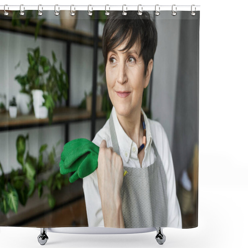 Personality  Woman With Gloves Lovingly Attends To Her Plants In A Bright, Inviting Studio. Shower Curtains