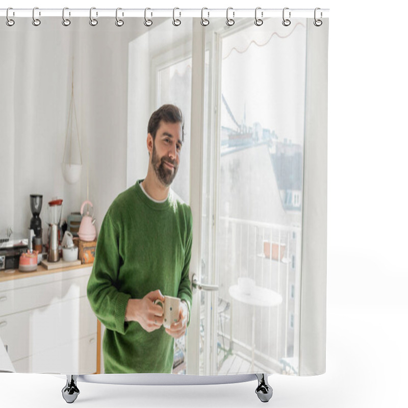 Personality  Cheerful Bearded Man In Jumper Holding Cup Of Coffee And Looking At Camera  Shower Curtains