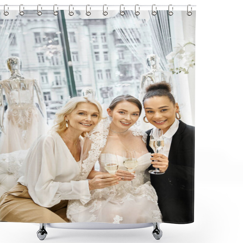 Personality  A Diverse Group Of Women, Dressed Elegantly, Stand Together Holding Wine Glasses In Celebration Of Wedding Shower Curtains