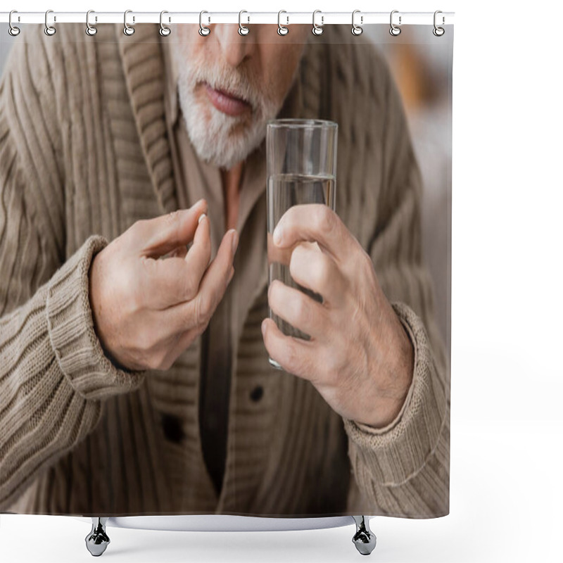 Personality  Partial View Of Senior Man With Parkinson Disease Holding Pill And Glass Of Water In Trembling Hands Shower Curtains