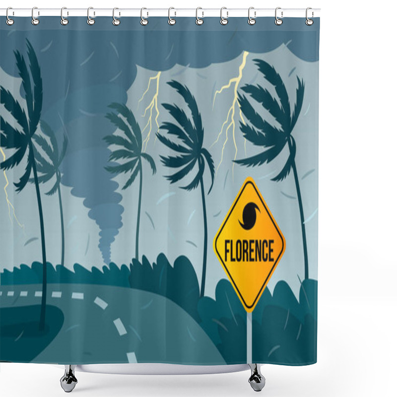 Personality  Tornado Hurricane , Coming From The Ocean. Huge Waves On Houses On The Coast. Tropical Disaster And A Sign Of Catastrophe And Warning. Flat Vector Shower Curtains