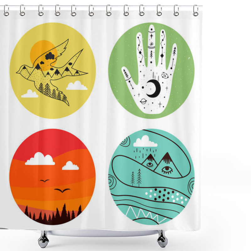 Personality  Vector Set With Human Hand, Swallow, Mountains, Birds, Moon, Planets, Pine Trees And Stars. Shower Curtains