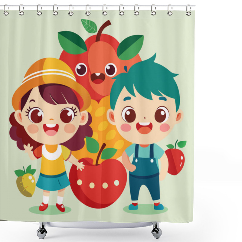 Personality  Happy Children Vector Art Collection With Fresh Fruits Shower Curtains