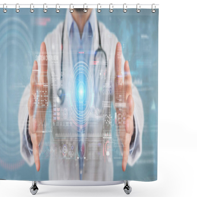 Personality  Scientist Using Digital Technological Interface With Datas 3D Re Shower Curtains