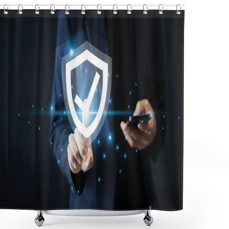 Personality  Businessman Use Mobile Phone Technology With Advanced Cyber Security Shield, Ensuring The Protection Of Sensitive Data And Securing The Digital Environment Against Potential Threats. Shower Curtains